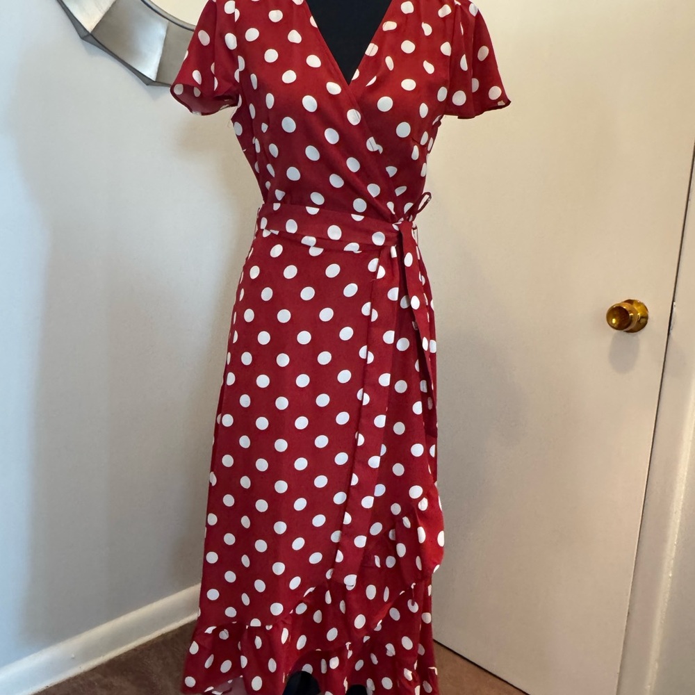 Kittenish Scarlet Polka Dot Wrap Maxi Dress